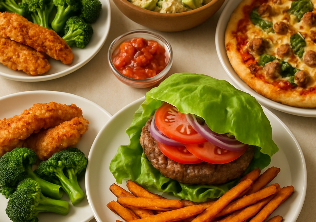 A spread of Whole30 cheat meals featuring grilled steak, sweet potato fries, and fresh fruit on a wooden table.