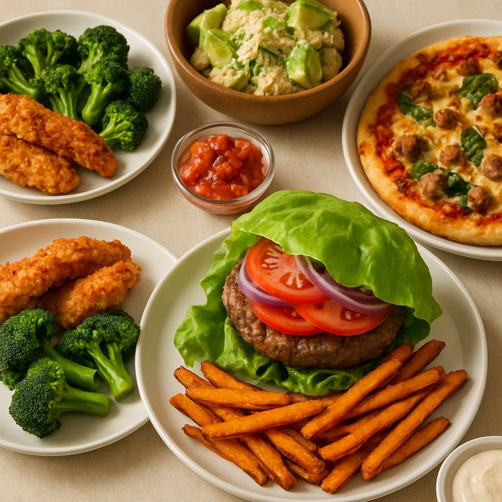 A spread of Whole30 cheat meals featuring grilled steak, sweet potato fries, and fresh fruit on a wooden table.