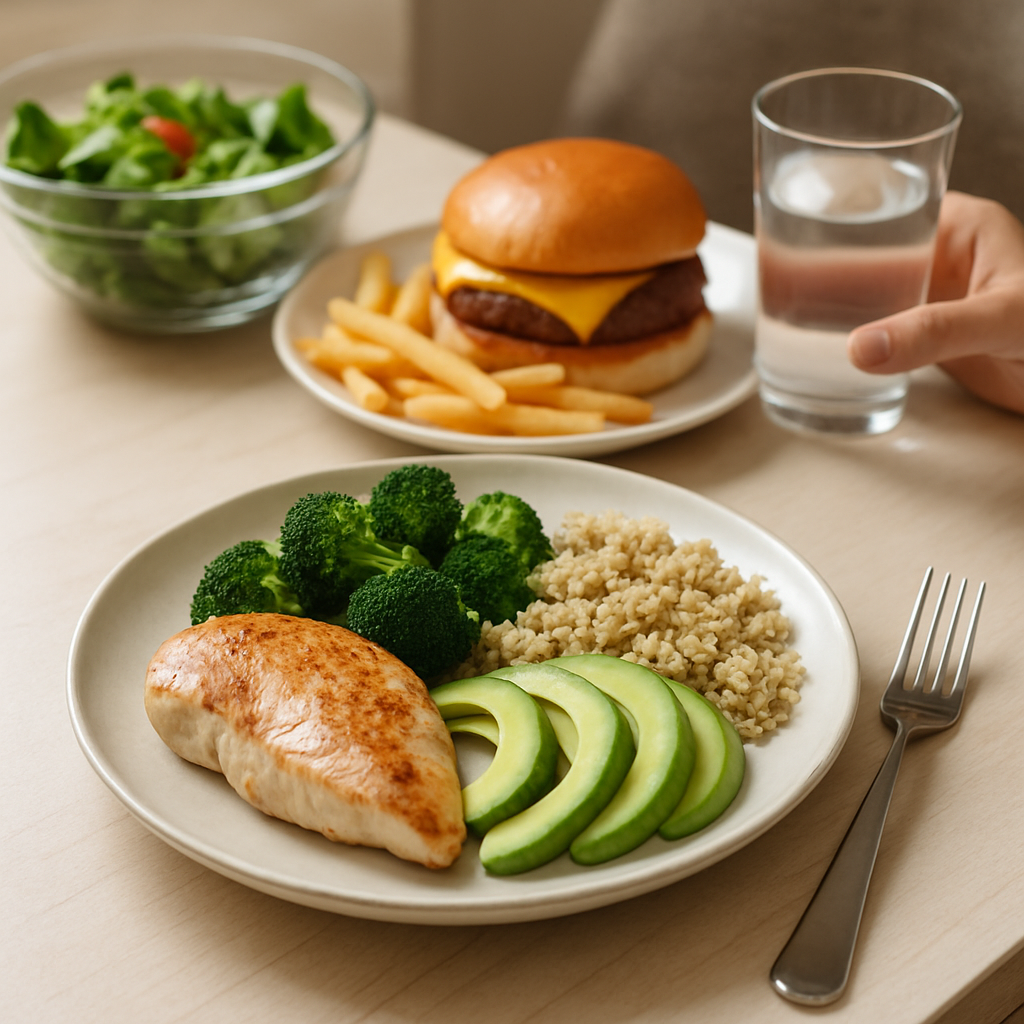 A balanced burger plate illustrating practical cheat meal rules for healthy habits.