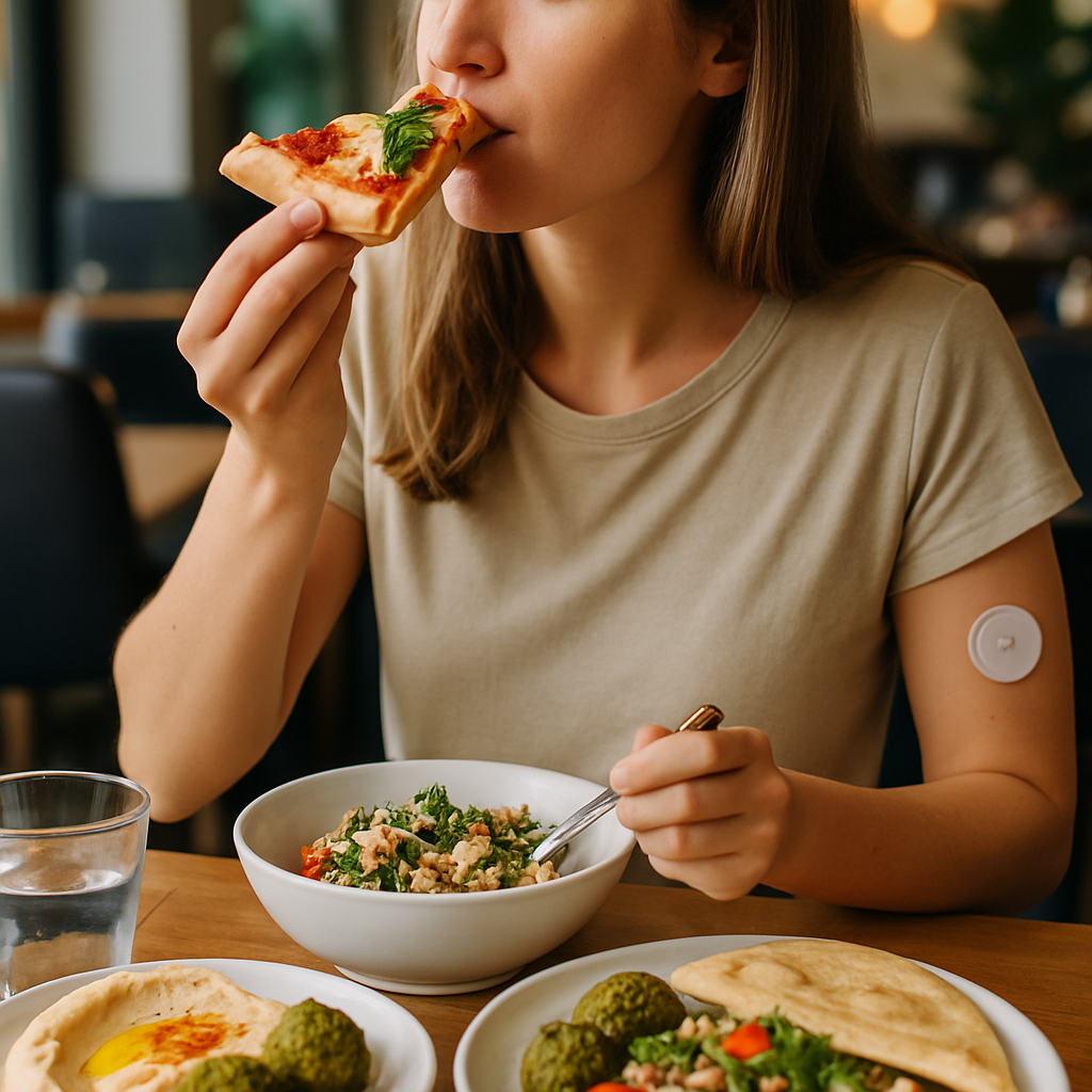 Continuous glucose monitor on arm showing data from CGM studies on cheat meals.