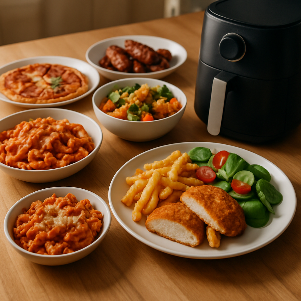 Crispy air fryer cheat meals plated with dipping sauces on a wooden board.