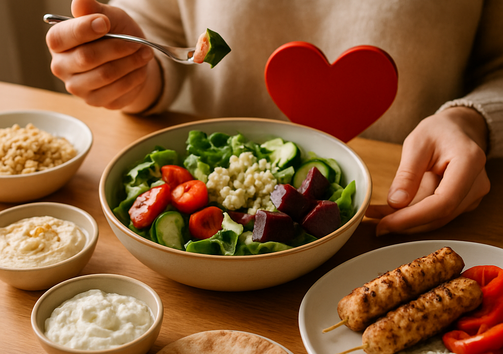 Colorful spread of DASH diet cheat meals featuring salmon, veggie pizza, and berry parfait