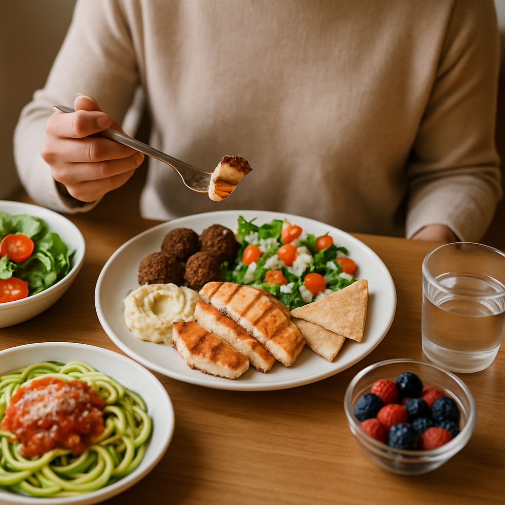 A plate of diabetic-friendly cheat meals featuring low-carb pizza, berries, and grilled salmon