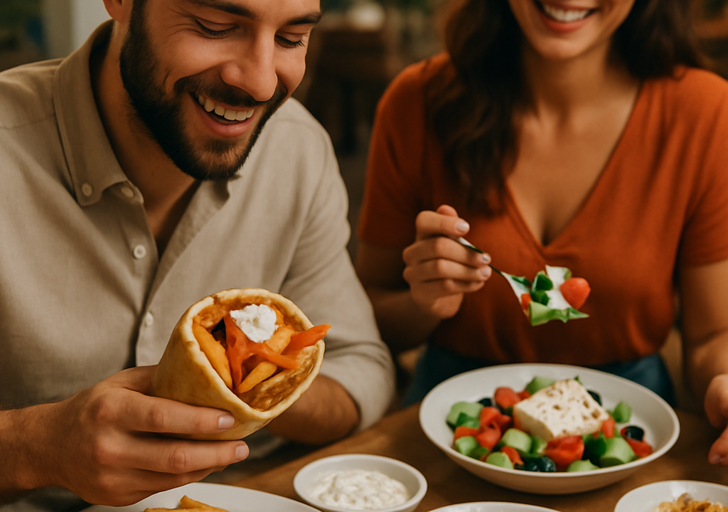 A spread of Greek cheat meals including souvlaki, gyros, and Greek salad on a wooden table