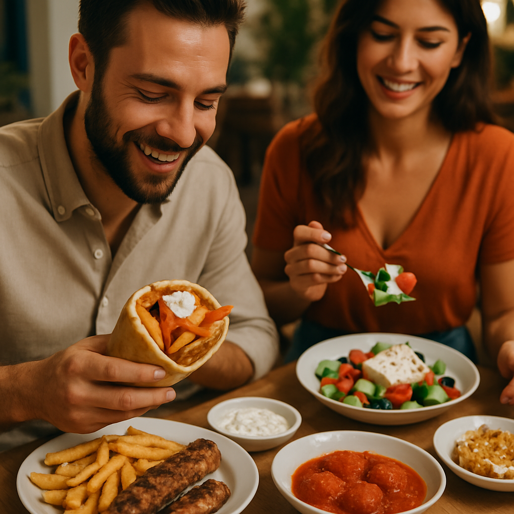 A spread of Greek cheat meals including souvlaki, gyros, and Greek salad on a wooden table