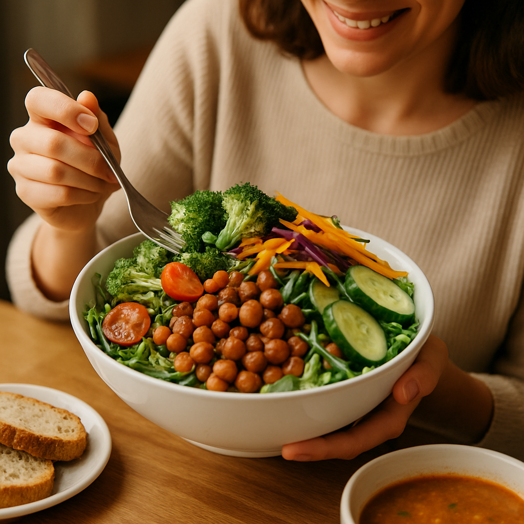 A colorful plate of high-volume cheat meals piled high with vegetables and lean protein.