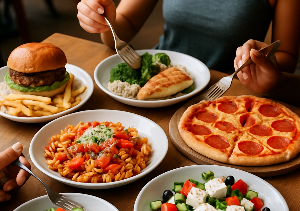 A spread of Mediterranean cheat meals featuring pizza, pasta, and mezze on a rustic table.