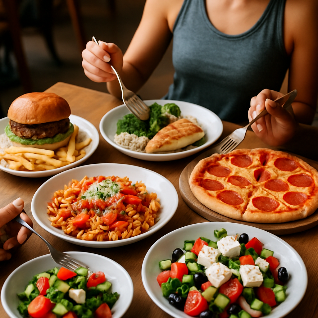 A spread of Mediterranean cheat meals featuring pizza, pasta, and mezze on a rustic table.