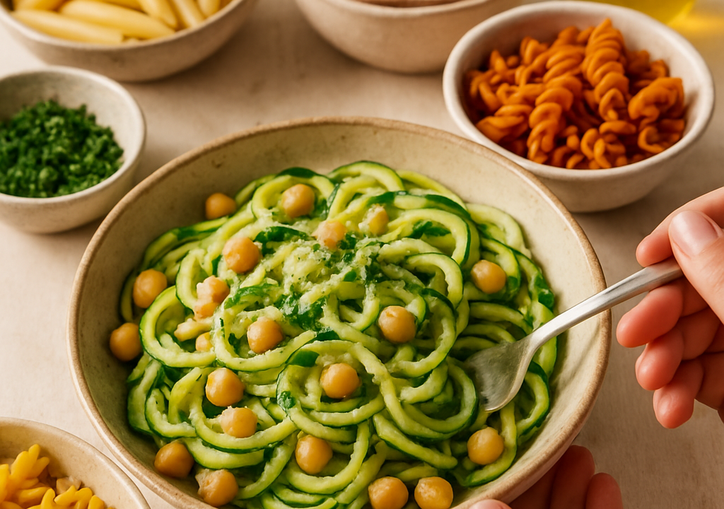 A colorful plate of mediterranean pasta swaps featuring zucchini noodles, olives, and fresh herbs.