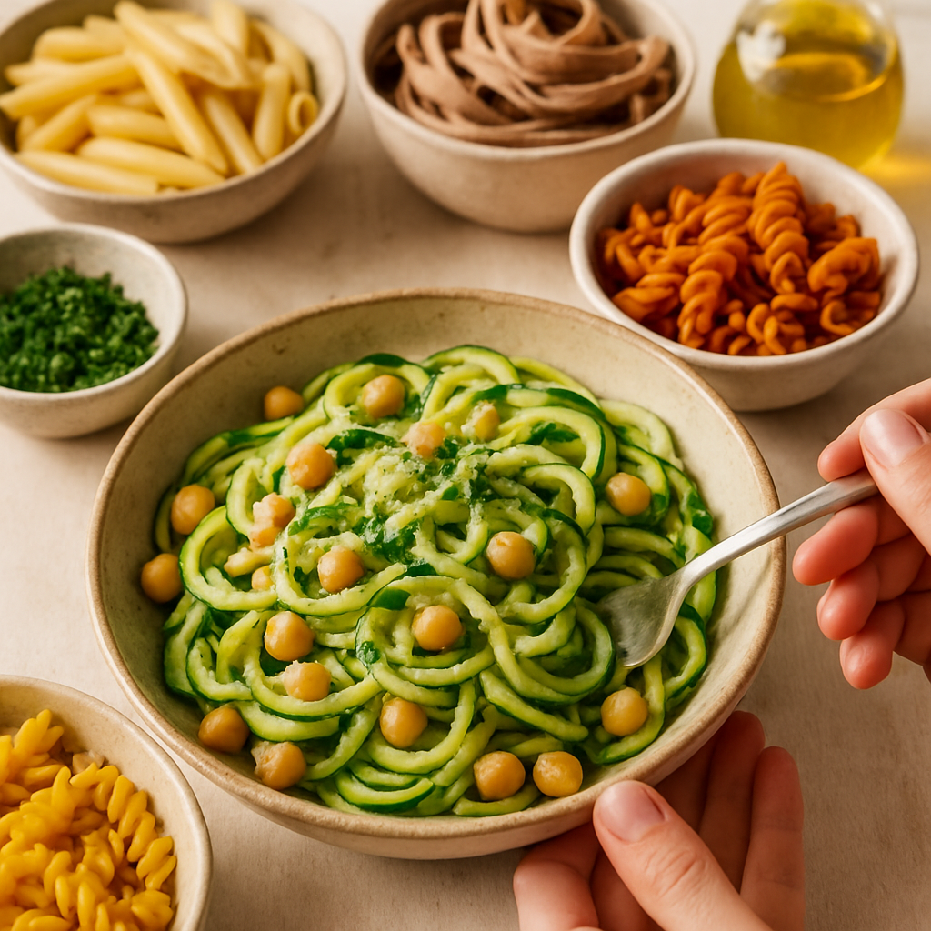 A colorful plate of mediterranean pasta swaps featuring zucchini noodles, olives, and fresh herbs.