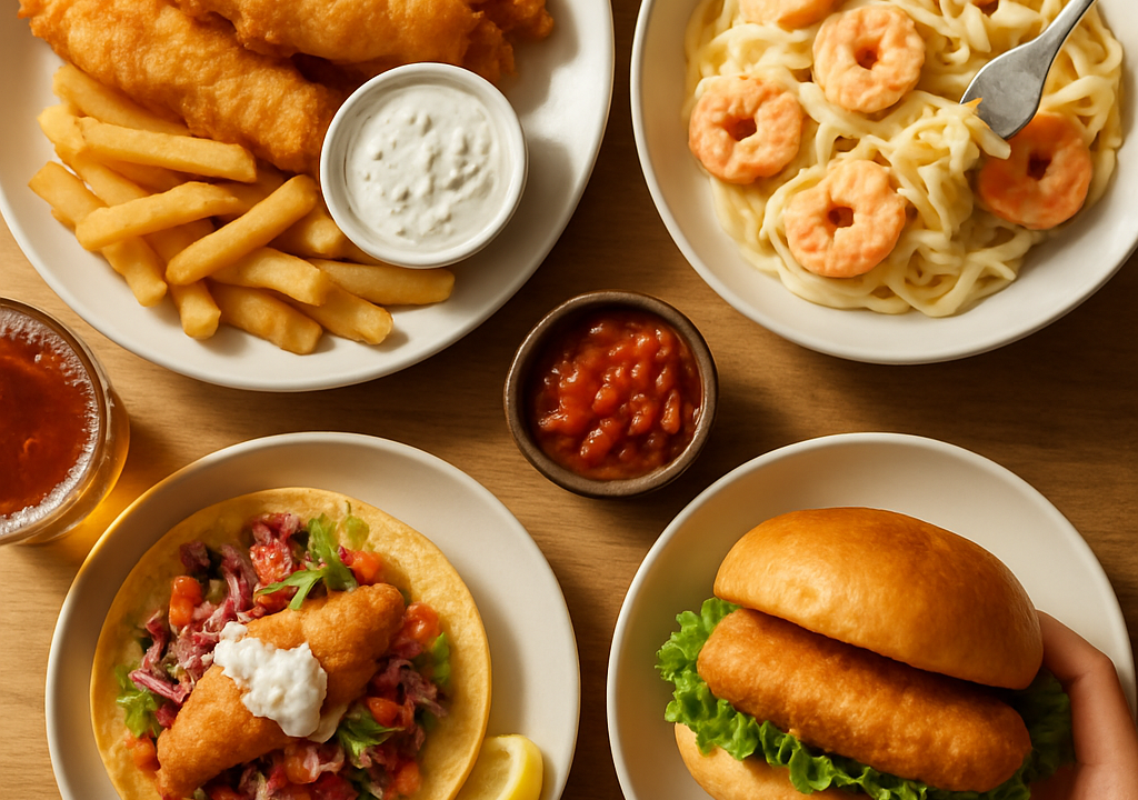A spread of pescatarian cheat meals featuring fried shrimp, sushi, and lobster rolls on a wooden table.