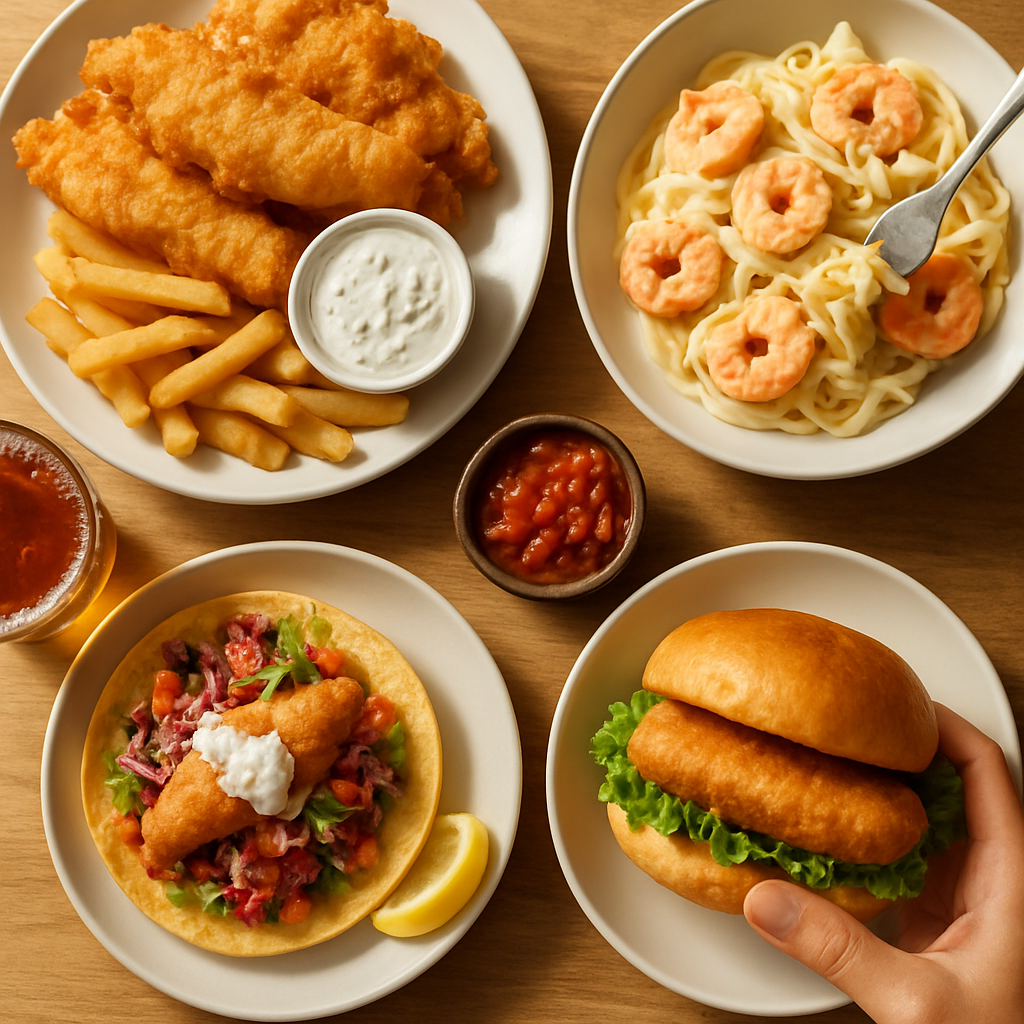A spread of pescatarian cheat meals featuring fried shrimp, sushi, and lobster rolls on a wooden table.