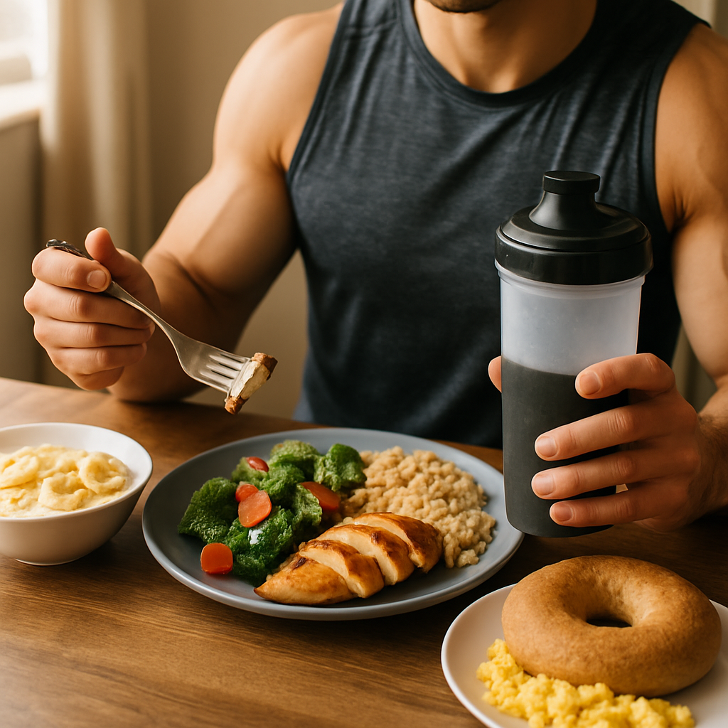 A spread of colorful pre-workout cheat meals arranged on a kitchen counter near gym gear.