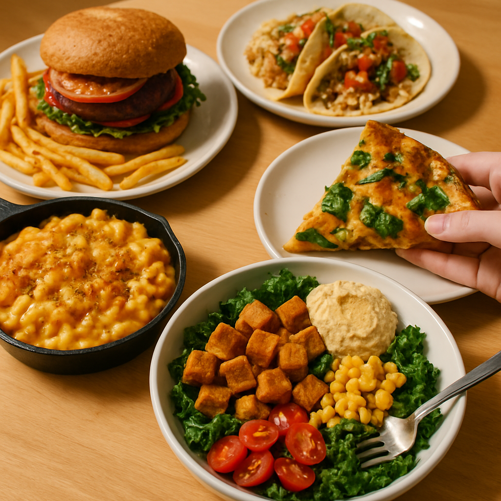 A colorful spread of vegetarian cheat meals featuring high-protein dishes like paneer tikka and bean burgers.