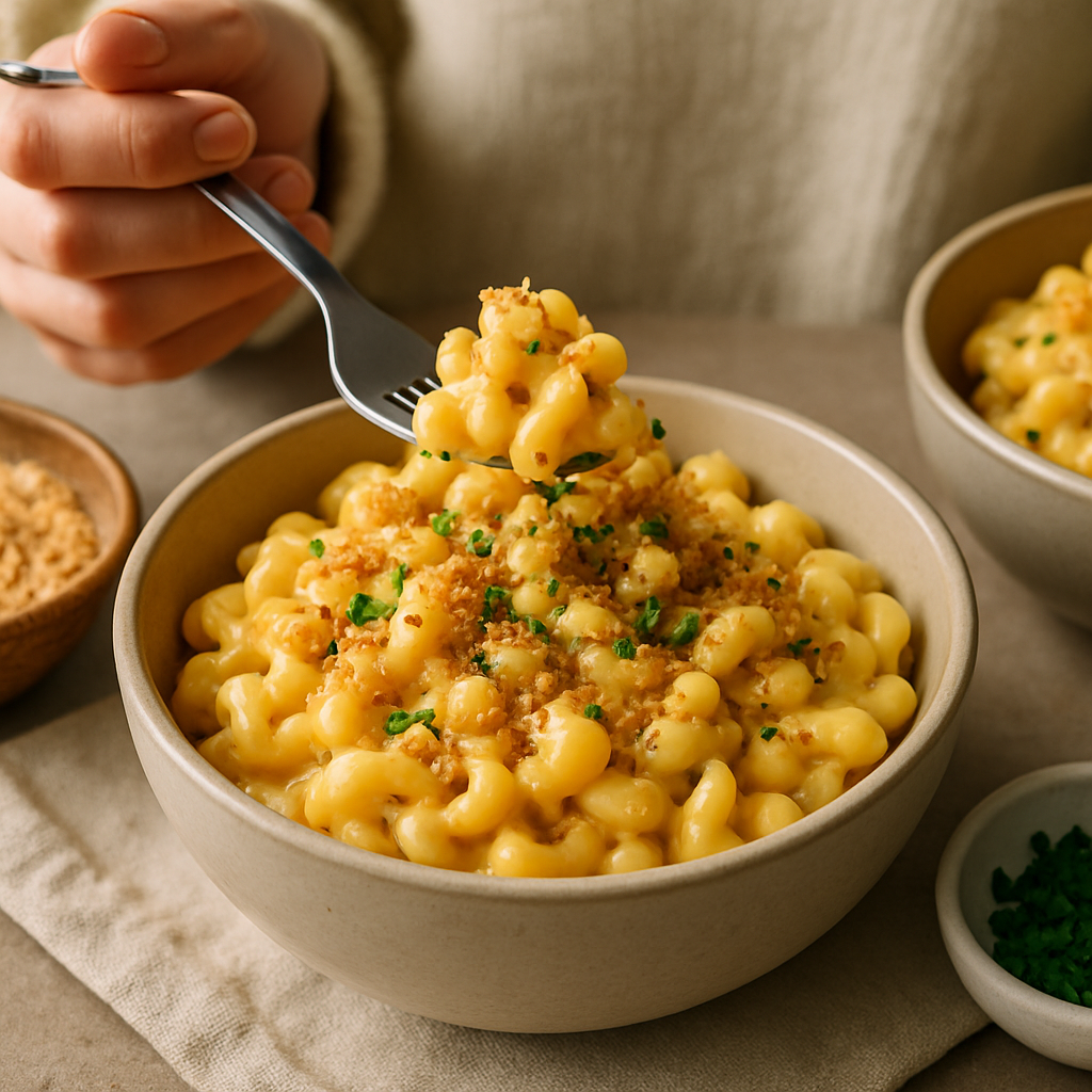 A creamy bowl of vegetarian mac and cheese topped with herbs and breadcrumbs for a cheat night meal.
