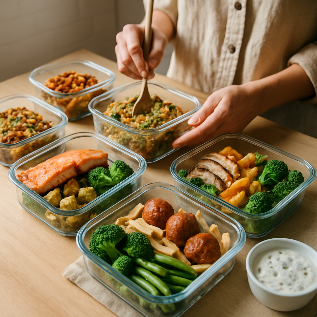 Containers of portioned indulgent foods organized for smart cheat meal prep