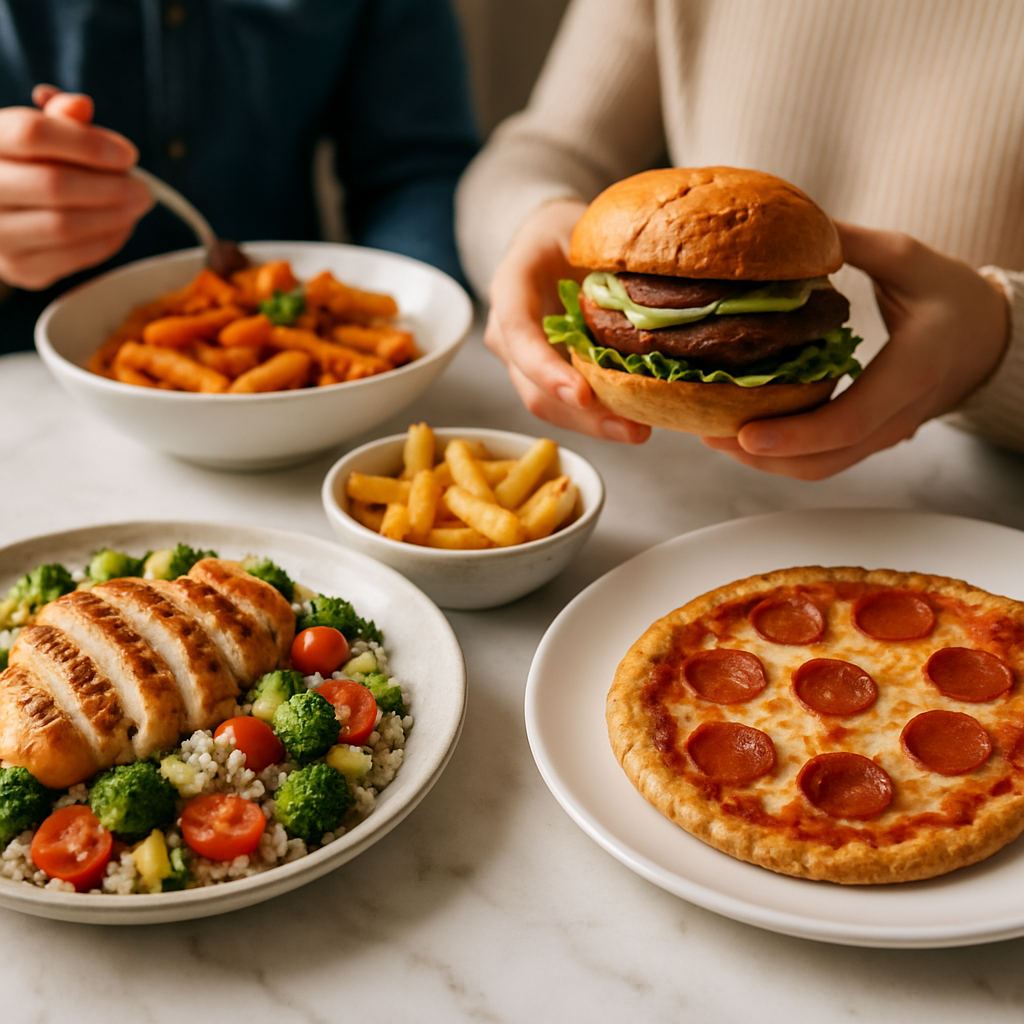 A spread of gluten-free cheat meals including pizza, pasta, and dessert on a wooden table.