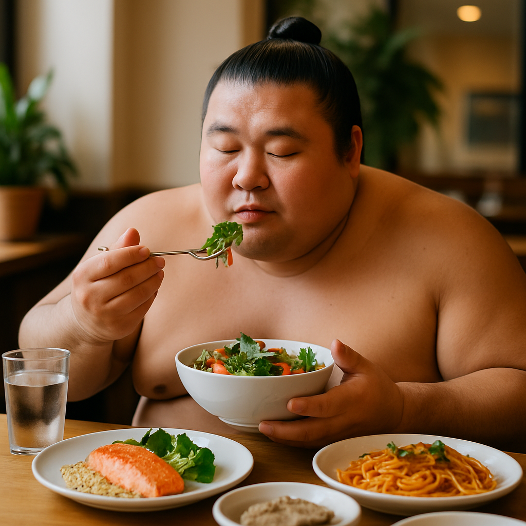 Sumo wrestler cheat meal spread of chankonabe and rice bowls on a low table