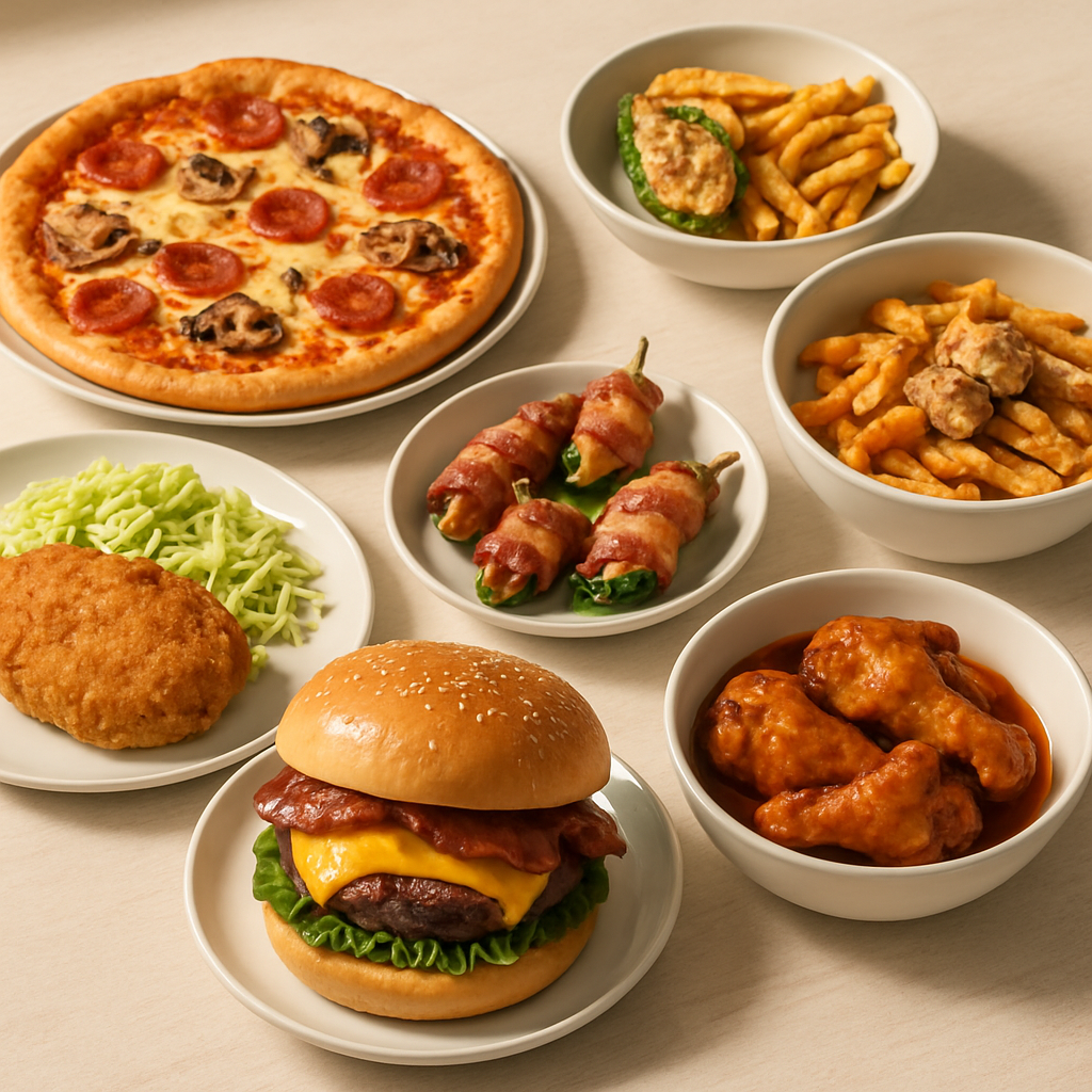 A spread of keto cheat meals including fathead pizza, cheesy nachos, and chocolate fat bombs.