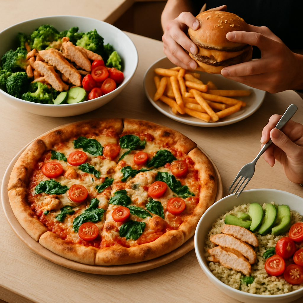 A spread of seven macro-friendly pizzas with high-protein toppings on a rustic table