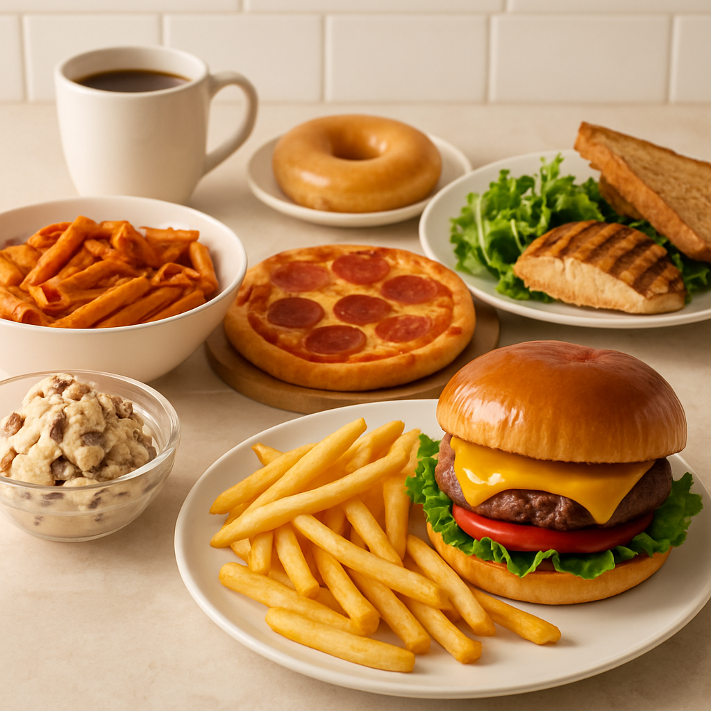 A spread of 16:8 cheat meals plated for the first meal after fasting.