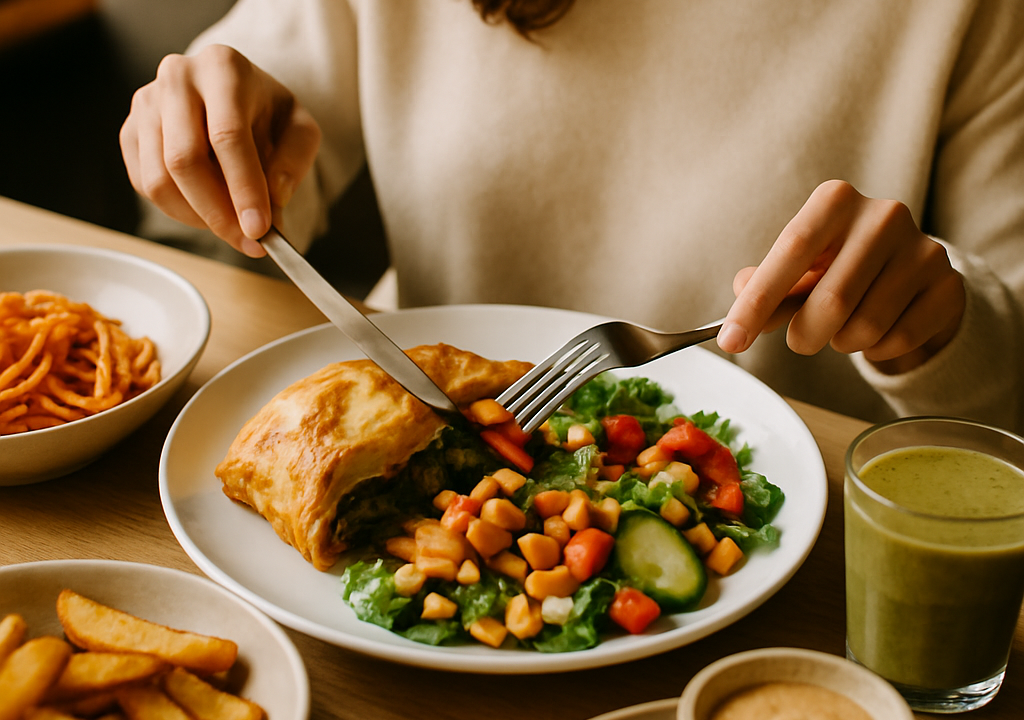 A spread of flexitarian cheat meals featuring veggie burgers, grain bowls, and plant-forward pizza on a wooden table