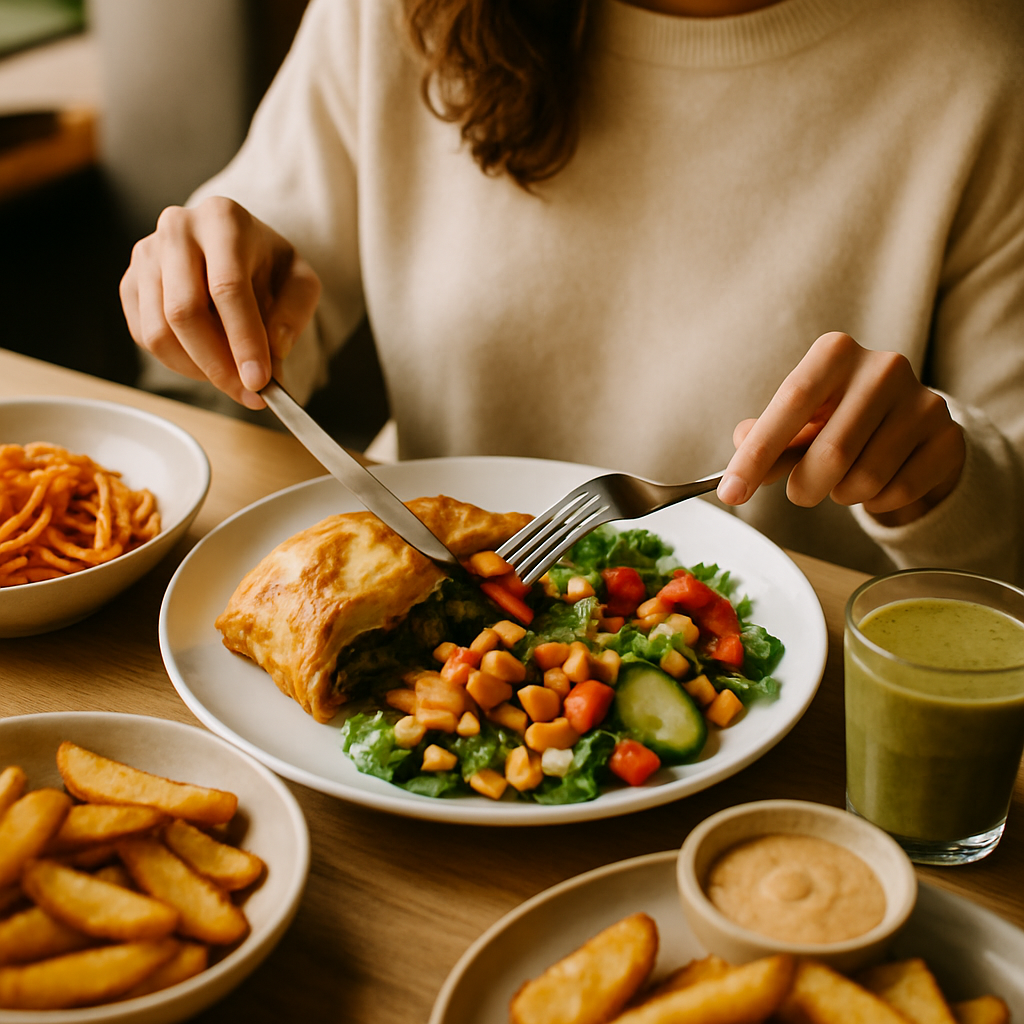 A spread of flexitarian cheat meals featuring veggie burgers, grain bowls, and plant-forward pizza on a wooden table