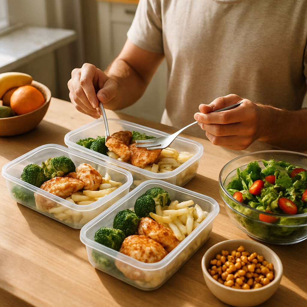 Sunday meal prep containers filled with portioned cheat day ingredients on a kitchen counter