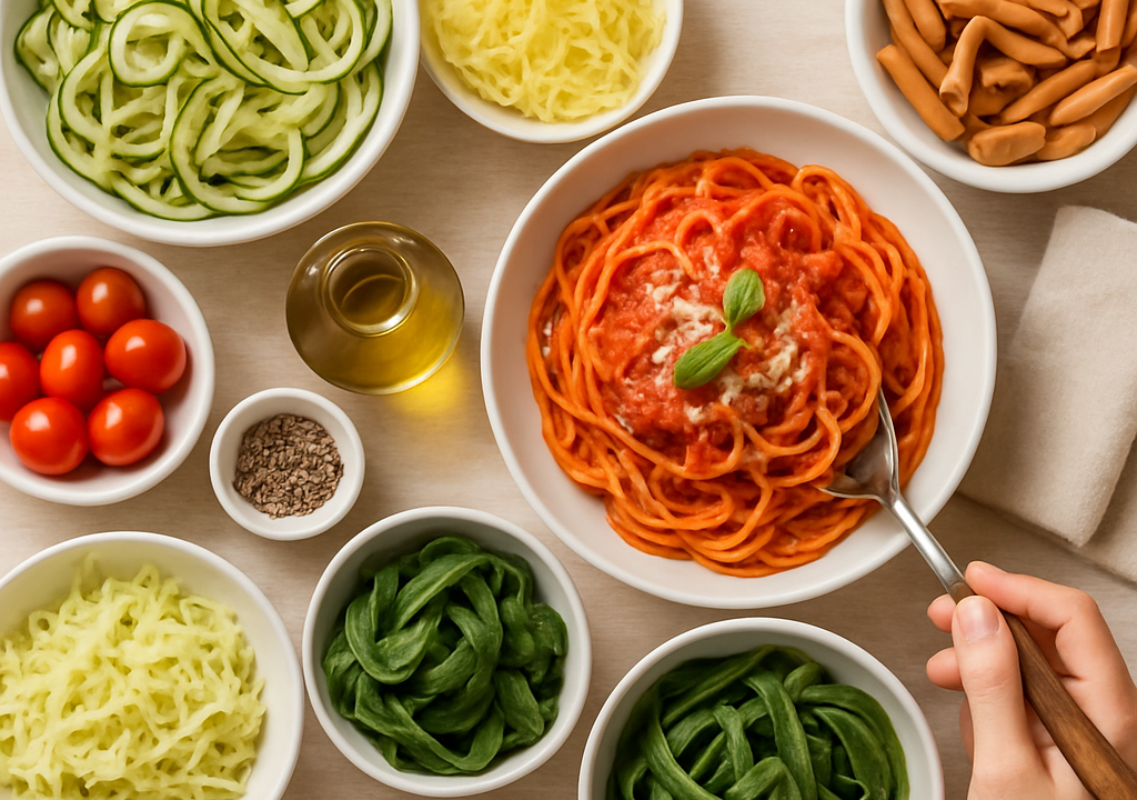 A colorful plate of low-carb pasta swaps topped with marinara and fresh basil.