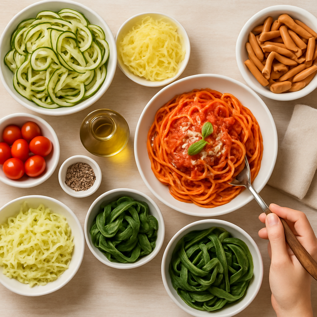 A colorful plate of low-carb pasta swaps topped with marinara and fresh basil.
