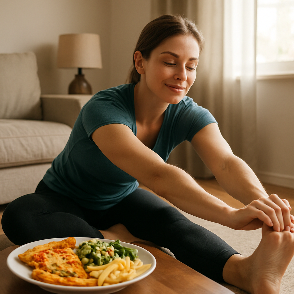 Woman performing post-cheat meal stretches on a yoga mat to aid digestion.