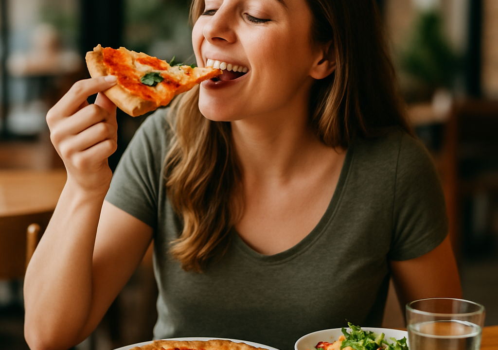 Nutrition researcher reviewing leptin studies charts next to a planned cheat meal plate.