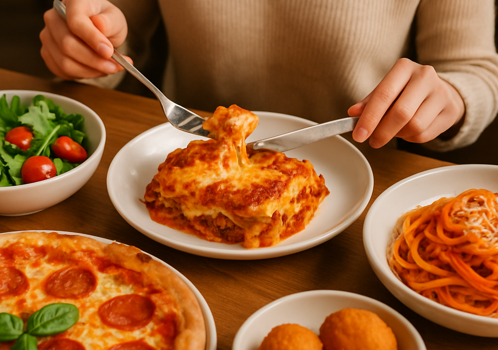 A rustic table showcasing Italian cheat meals like pasta, pizza, and tiramisu portioned for smart slimming nights.