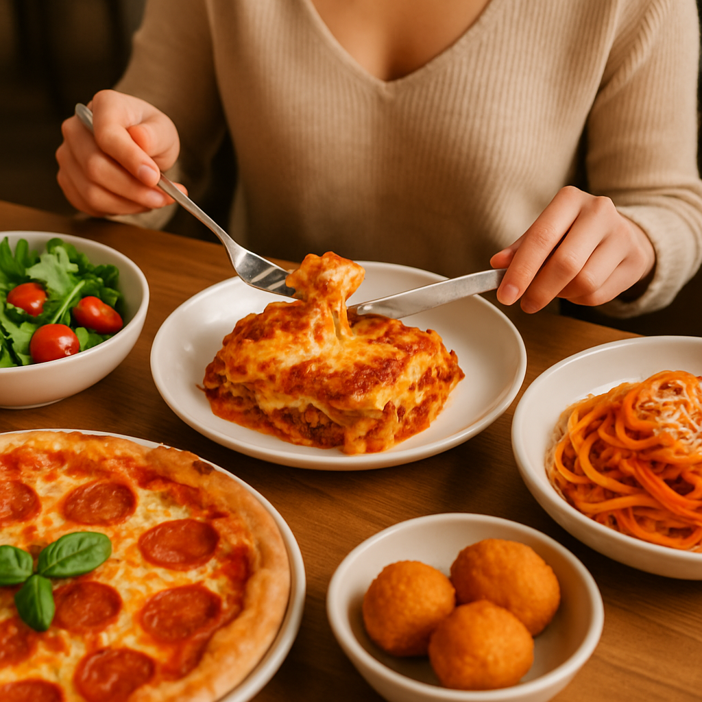 A rustic table showcasing Italian cheat meals like pasta, pizza, and tiramisu portioned for smart slimming nights.