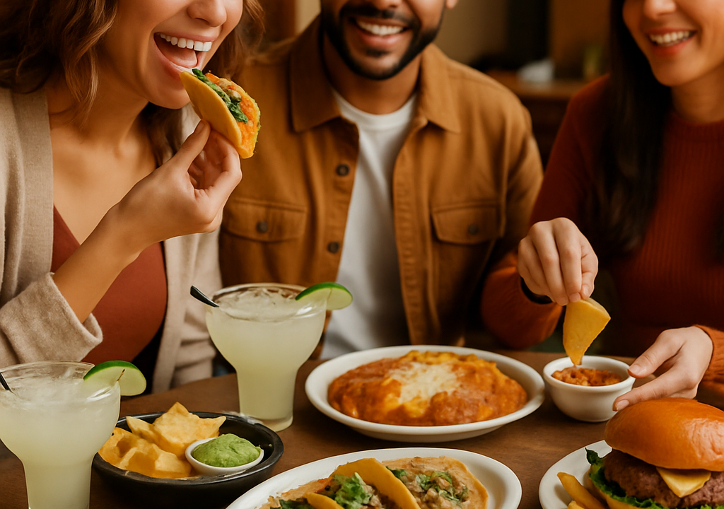 A colorful spread of Mexican cheat meals including tacos, guacamole, and enchiladas on a wooden table.