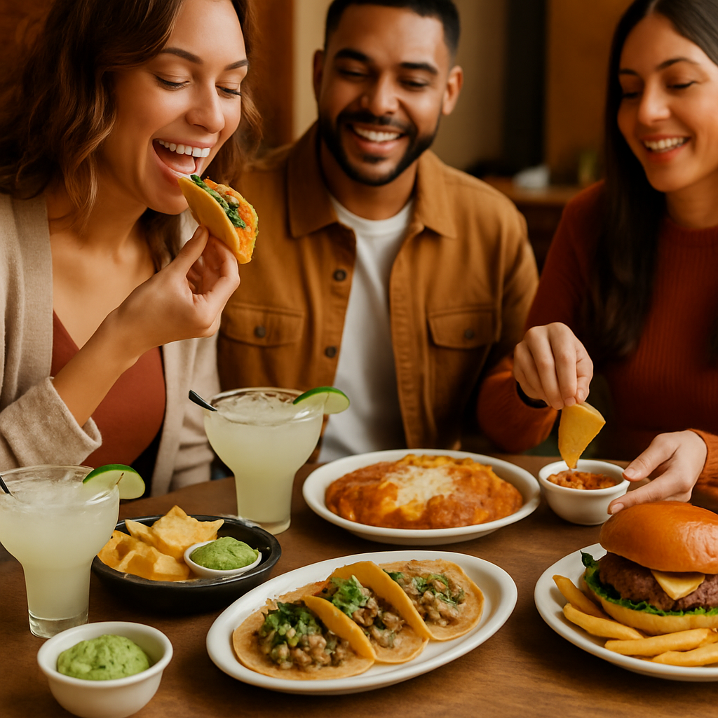A colorful spread of Mexican cheat meals including tacos, guacamole, and enchiladas on a wooden table.