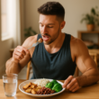 A plate of post-workout cheat meals with steak, sweet potatoes, and veggies for muscle recovery