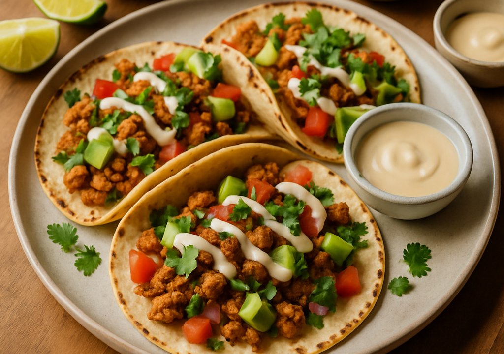 Colorful spread of vegetarian taco hacks with roasted veggies, salsa, and toppings on a wooden board.