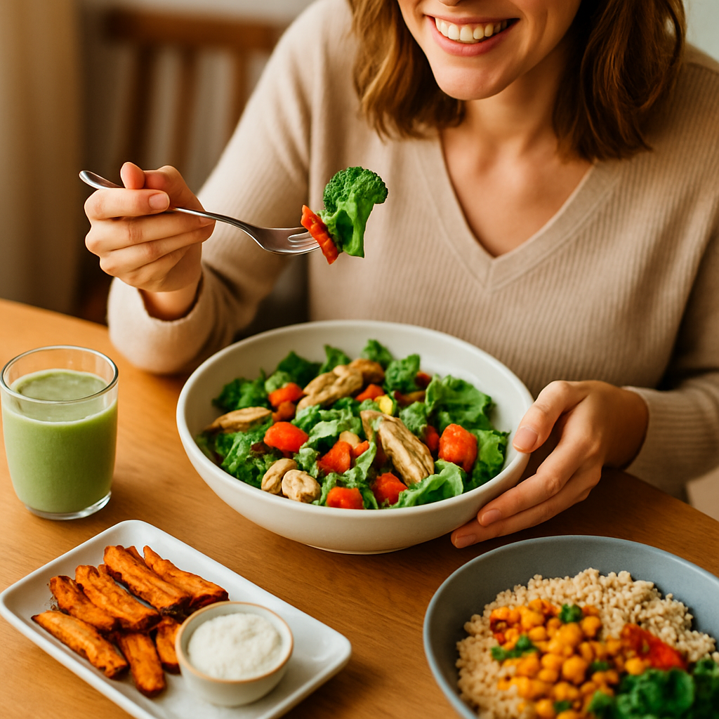 A colorful plate of Whole30 cheat meals featuring compliant burgers, sweet potato fries, and fresh vegetables.