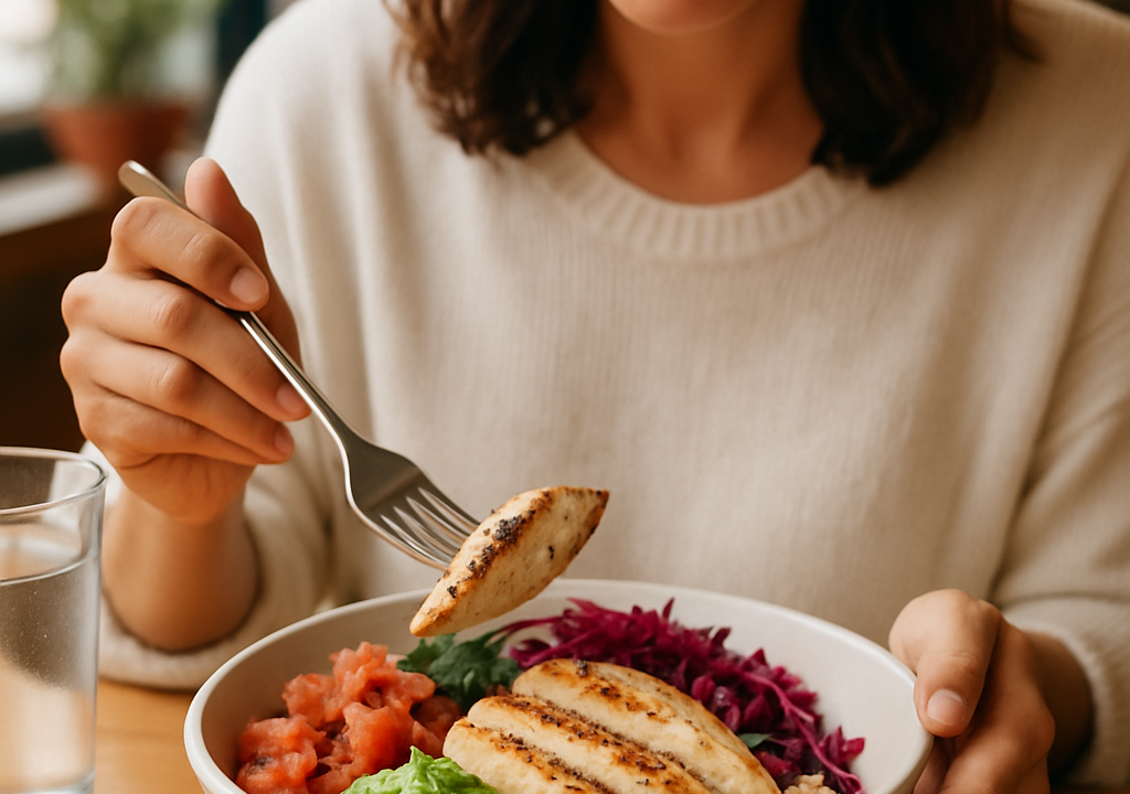 A colorful plate of whole30-compliant cheat meals with grilled meat, sweet potatoes, and fresh vegetables