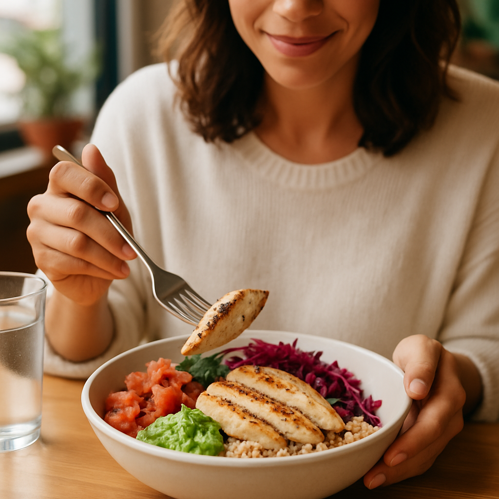 A colorful plate of whole30-compliant cheat meals with grilled meat, sweet potatoes, and fresh vegetables