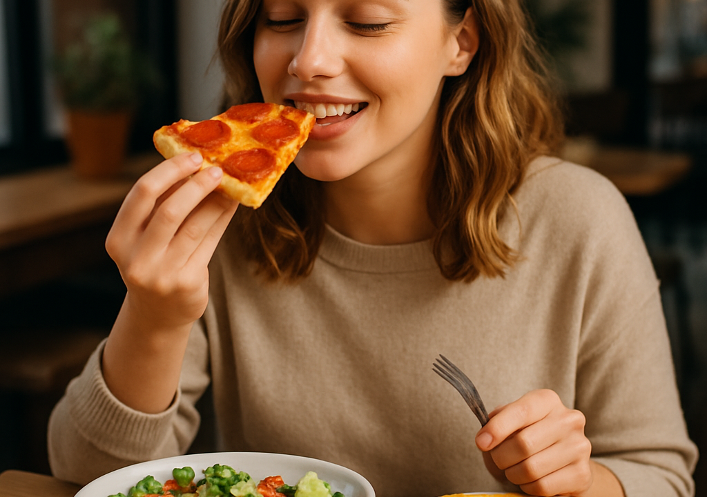 A person practicing mindful eating hacks while savoring a slow, guilt-free cheat meal at the table