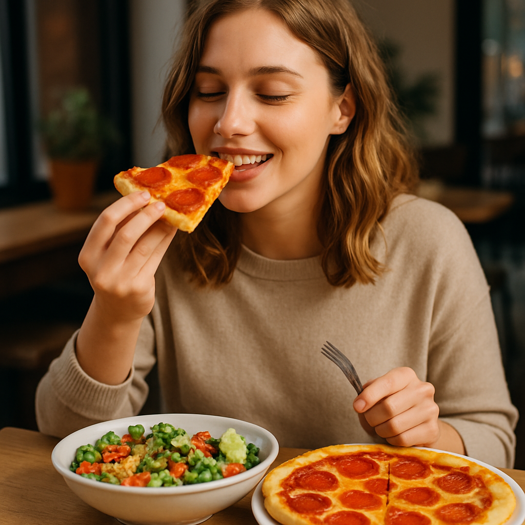 A person practicing mindful eating hacks while savoring a slow, guilt-free cheat meal at the table